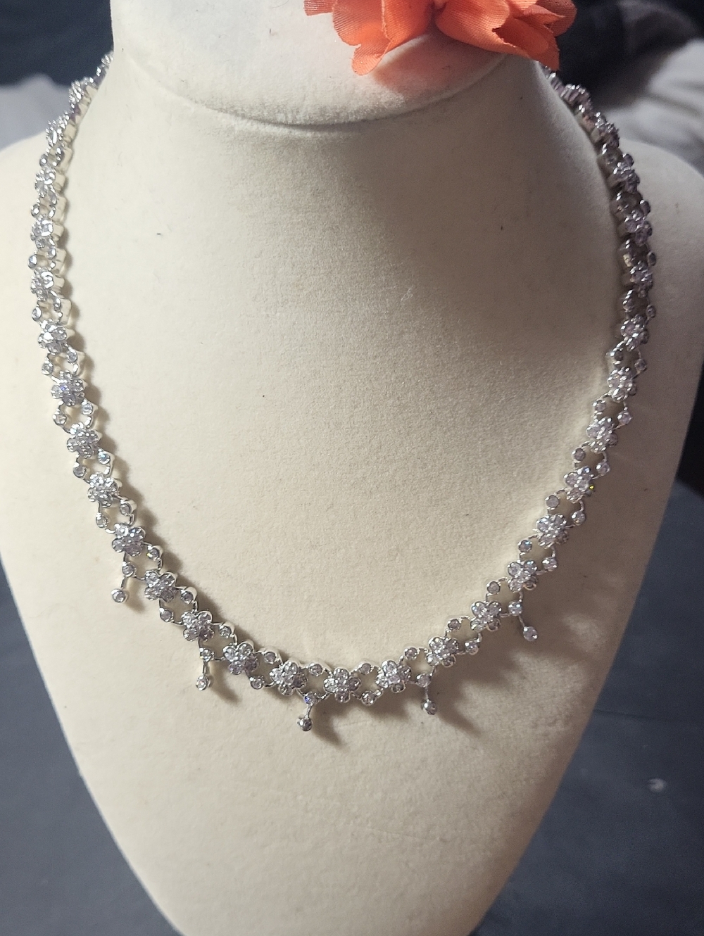 Silver Tone Rhinestone Floral Drop Necklace - Women Jewelry